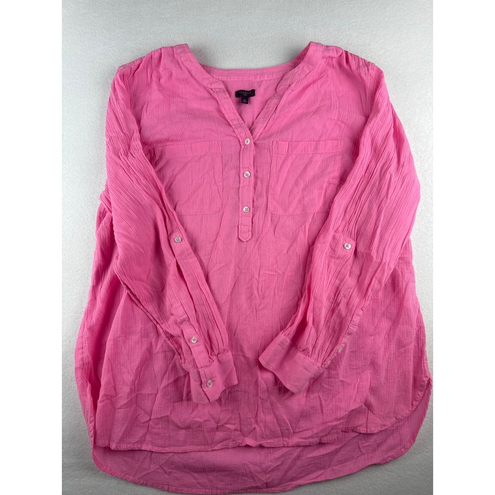 Talbots Plus Pink Cotton Gauze Tunic Roll Tab Sleeve Henley Top 1X